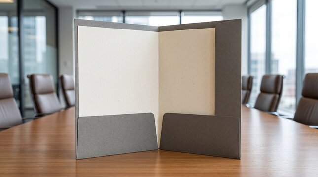 Blank open presentation folder standing on a wooden conference table in a modern office boardroom
