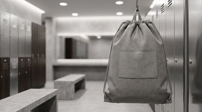 Gray drawstring backpack mockup hanging in a modern locker room interior with gym benches and storage lockers