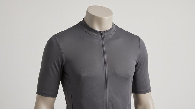 Grey cycling jersey on a mannequin, showcasing modern athletic sportswear design and fitted style