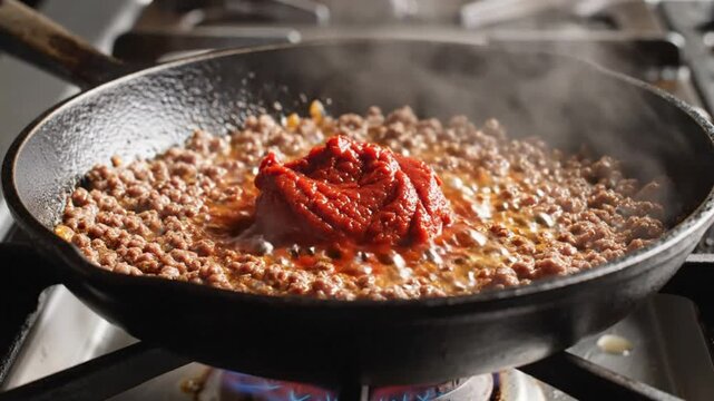 Adding tomato paste to browned ground meat sizzling in a cast iron skillet on a gas stove burner during the cooking process