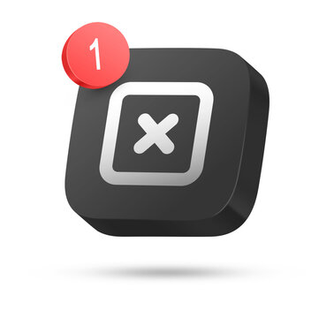 3D dark rounded square button with cross mark symbol and red notification badge
