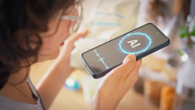 In the kitchen a woman holds a packaged product and asks her AI phone assistant about ingredients and nutritional value. Theme of smart technology in modern everyday home life