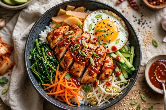 Healthy Korean Chicken Bowl Bibimbap Style Rice Vegetables Egg