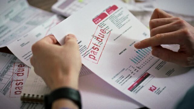 Man sits at table, surrounded by scattered documents and calculator, scrutinizing overdue utility bill with stamp. This scene highlights financial struggles and the challenge of paying bills on time