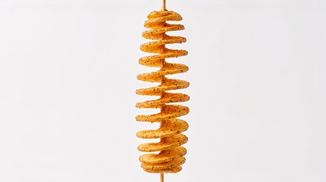 Golden spiral‑cut tornado potato on wooden skewer against white background, crisp texture and symmetry, symbolizing creative street food design and culinary innovation&hellip;