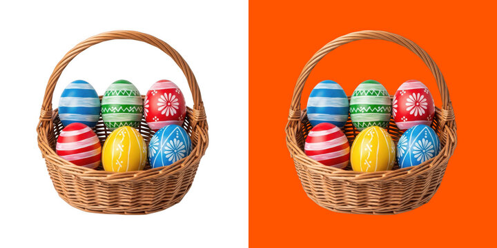 Wicker basket filled with colorful decorated patterned Easter eggs png