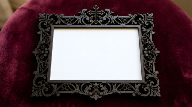 Ornate dark wood picture frame mockup with christian cross on burgundy velvet background for religious commemoration and funeral memorial
