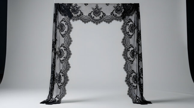 Elegant Black Chantilly Lace Veil with Floral Embroidery Hanging in Studio on Neutral Background