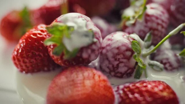 A close-up of strawberries with green leaves, drizzled with yogurt, in a white plate. Concept for a light and healthy dessert using seasonal red berries from the summer harvest. Berry textures
