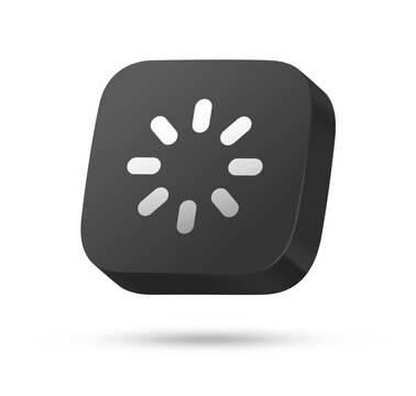3D black rounded square button with white loading spinner symbol for buffering concept
