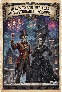 Skeletons Toasting New Year Questionable Decisions Gothic Greeting Card