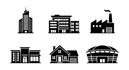 Fototapeta premium Modern City Buildings, Industrial Factory, Residential House, Sports Arena Icons Set