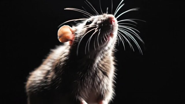 Low-angle closeup of a brown and white rat with long whiskers and a pink nose against a black background