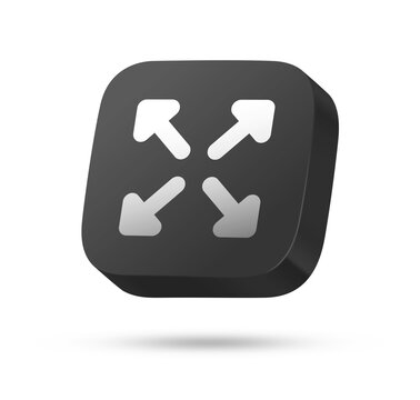 3D black rounded square button with white expand arrows symbol for fullscreen or resize concept
