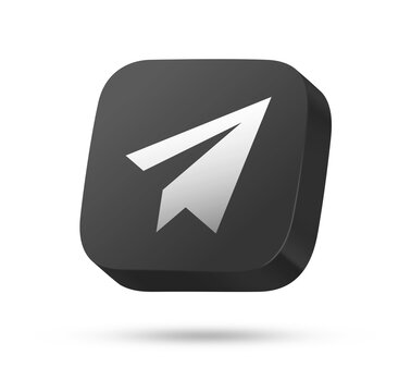 3D black rounded square button with white paper plane symbol for send, message or telegram concept
