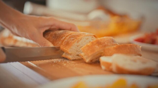 Slicing bread. A housewife cuts fresh bread into small pieces with a serrated bread knife on a wooden cutting board. A home kitchen in daylight. The concept of home cooking