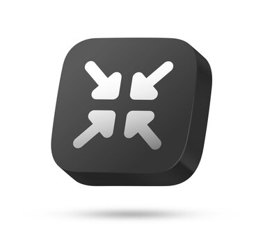 3D black rounded square button with white inward arrows symbol for minimize, exit fullscreen or compress concept
