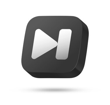 3D black rounded square icon button with white next track symbol for media player, skip forward, music, video or audio controls concept isolated on white background
