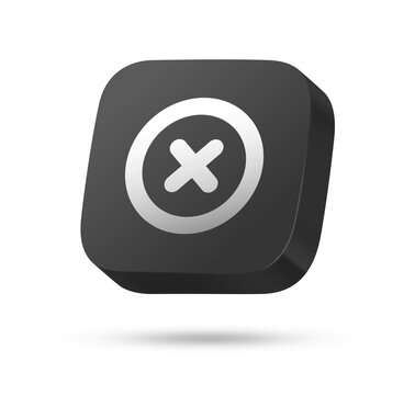 3D black rounded square icon button with white cross mark in circle symbol for close, cancel, remove, delete or decline concept isolated on white background