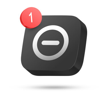 3D black rounded square icon button with white minus in circle symbol and red 1 notification badge for remove, subtract, delete, decline or alert concept isolated on white background