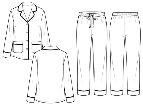 CAD drawings of pajamas, two-piece sleepwear set illustration