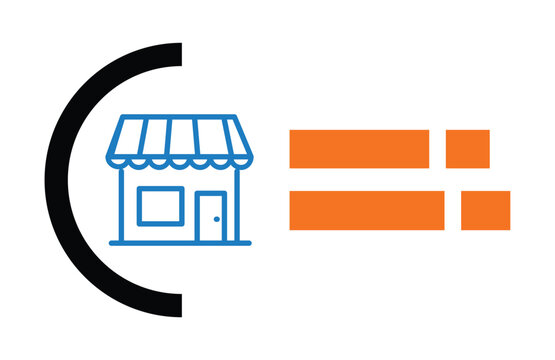 Small business logo concept with storefront illustration and geometric shapes