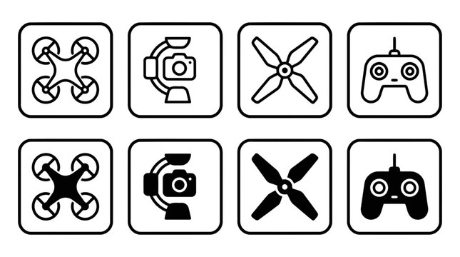 Set of black and white line icons featuring quadcopter drones camera gimbals propellers remote controllers