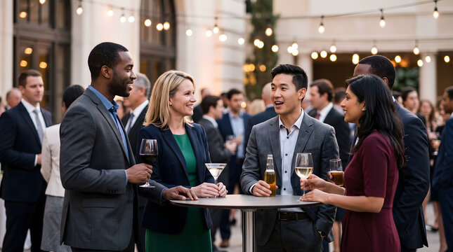 Diverse business professionals networking and socializing at an outdoor evening cocktail event