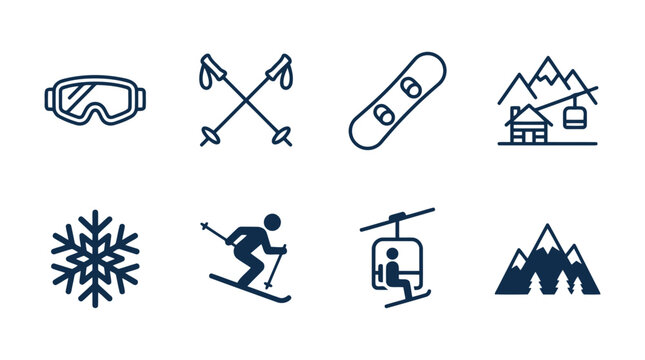 Winter sports icon set including goggles ski poles snowboard chairlift skier and mountain range with snowboarding