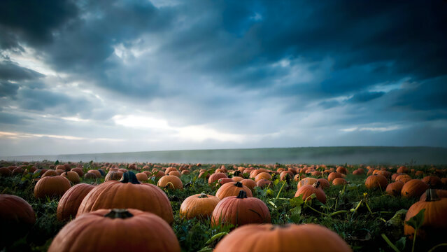 Many orange pumpkins sitting on a field under a dark moody cloudy sky at dusk with pumpkins scattered across evening thick clouds