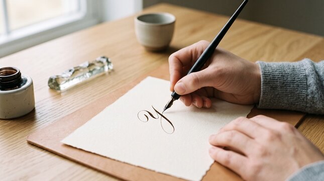 Person practicing calligraphy with a dip pen and ink on textured paper