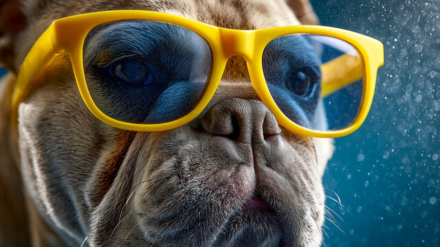Grumpy Bulldog in Yellow Sunglasses, Moody Portrait