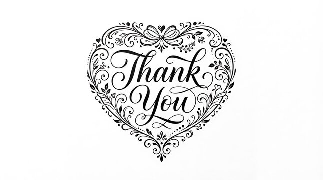 Black and white calligraphy thank you text inside a decorative floral heart shape design