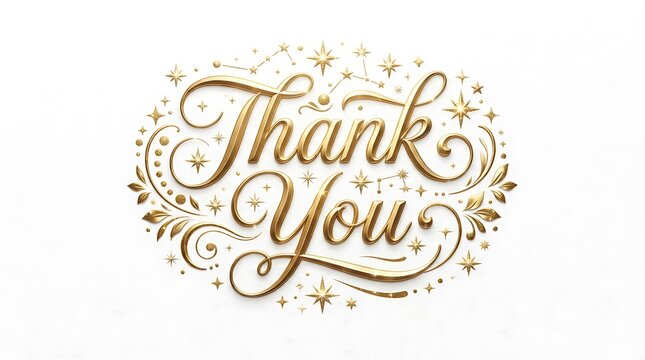 Elegant gold thank you text design with decorative swirls and stars isolated on white background