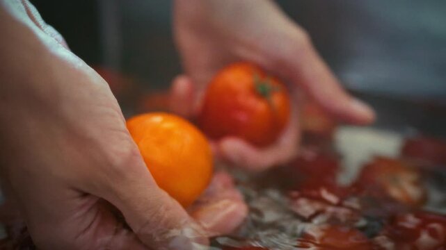 Water flows from the tap over fresh organic tomatoes as a woman's hands wash them in a metal kitchen sink. Theme of home canning preparation and traditional pickling routine