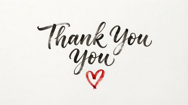 Black brush script lettering thank you text with a small red painted heart symbol isolated