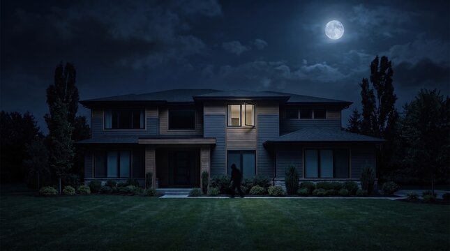 a suspicious figure silhouette walking in front of a modern house at night under a full moon.
