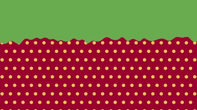 Strawberry pattern motion transition with wavy green top overlay background.