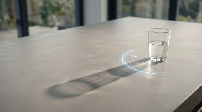 a glass of clean water standing on a modern table with a glowing blue digital smart monitoring