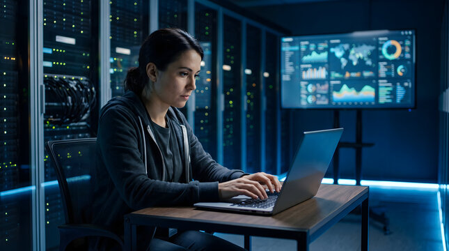 Female it specialist working on laptop in data center server room