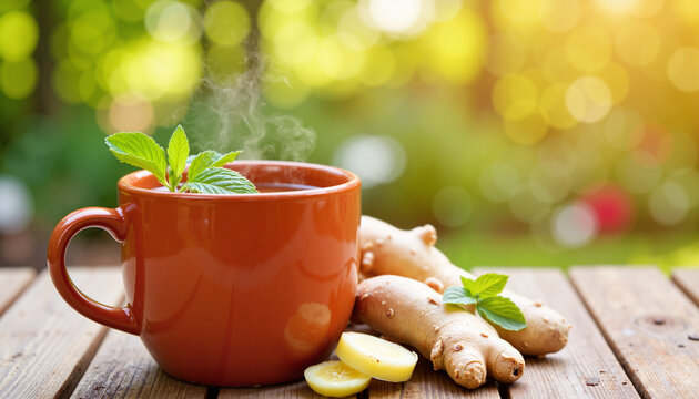 Ginger tea steaming in red clay cup on wooden table, cozy relaxation