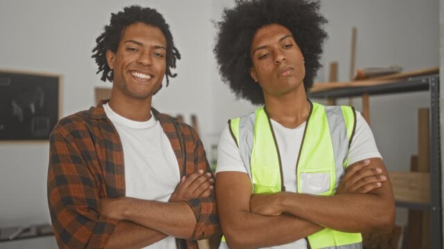 Two carpenters stand with arms crossed, one wearing a hi vis vest beside wood shelves in a building; teamwork pride.