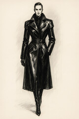 Fototapeta premium Black Leather Trench Coat Avant Garde Fashion Sketch