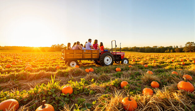 Joyful hayride through pumpkin patch at sunset, harvest celebration