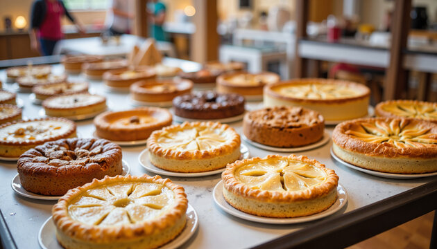 Baking contest at harvest festival with homemade pies on display, community spirit