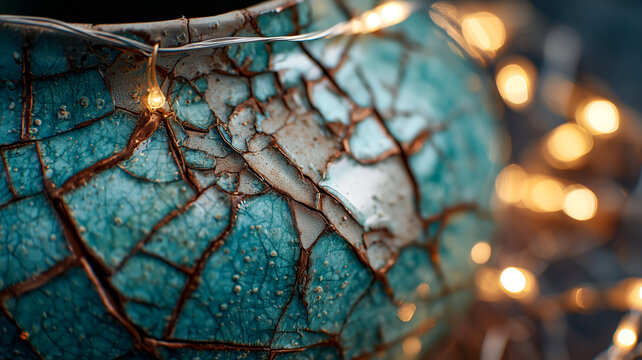 Cracked beauty: ancient vessel illuminated by warm lights