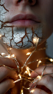 Whispers of light: cracked face entwined with glowing fairy lights