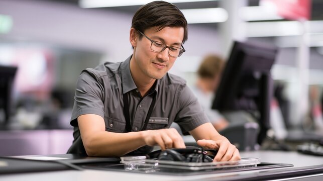 Male Airport Service Agent Placing Headphones into Clear Intake Tray at Counter