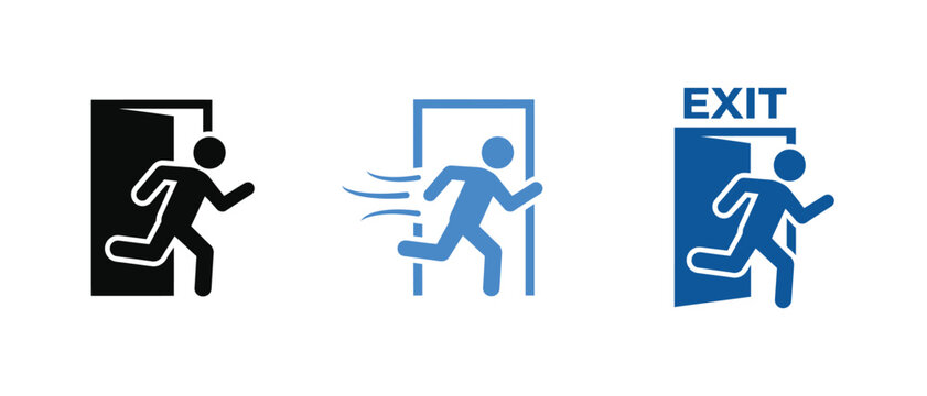 Emergency exit icon set with colorful running man silhouettes and open doors for safety, evacuation, escape routes, and building signs.