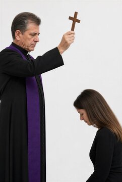 Priest blessing woman with a wooden cross in a religious setting  